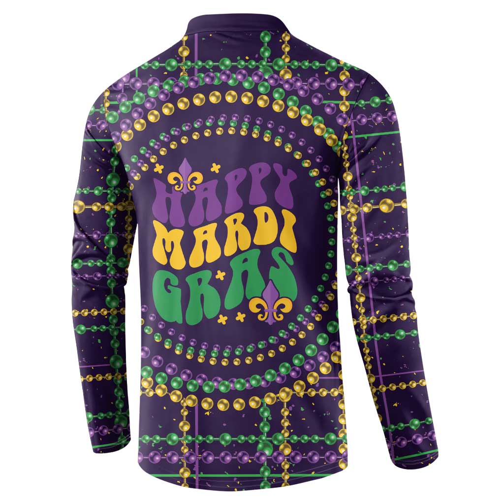 Men's dark purple button sweatshirt with 'Happy Mardi Gras' back graphic and bead frame
