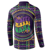 Men's dark purple button sweatshirt with 'Happy Mardi Gras' back graphic and bead frame