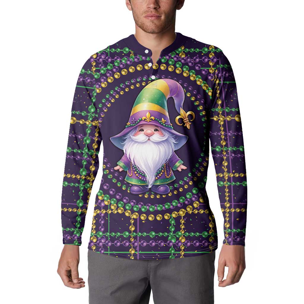 Men's dark purple Mardi Gras gnome button sweatshirt worn by model, long sleeves