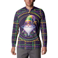 Men's dark purple Mardi Gras gnome button sweatshirt worn by model, long sleeves