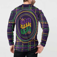 Men's dark purple button sweatshirt with 'Happy Mardi Gras' back graphic, bead and fleur-de-lis