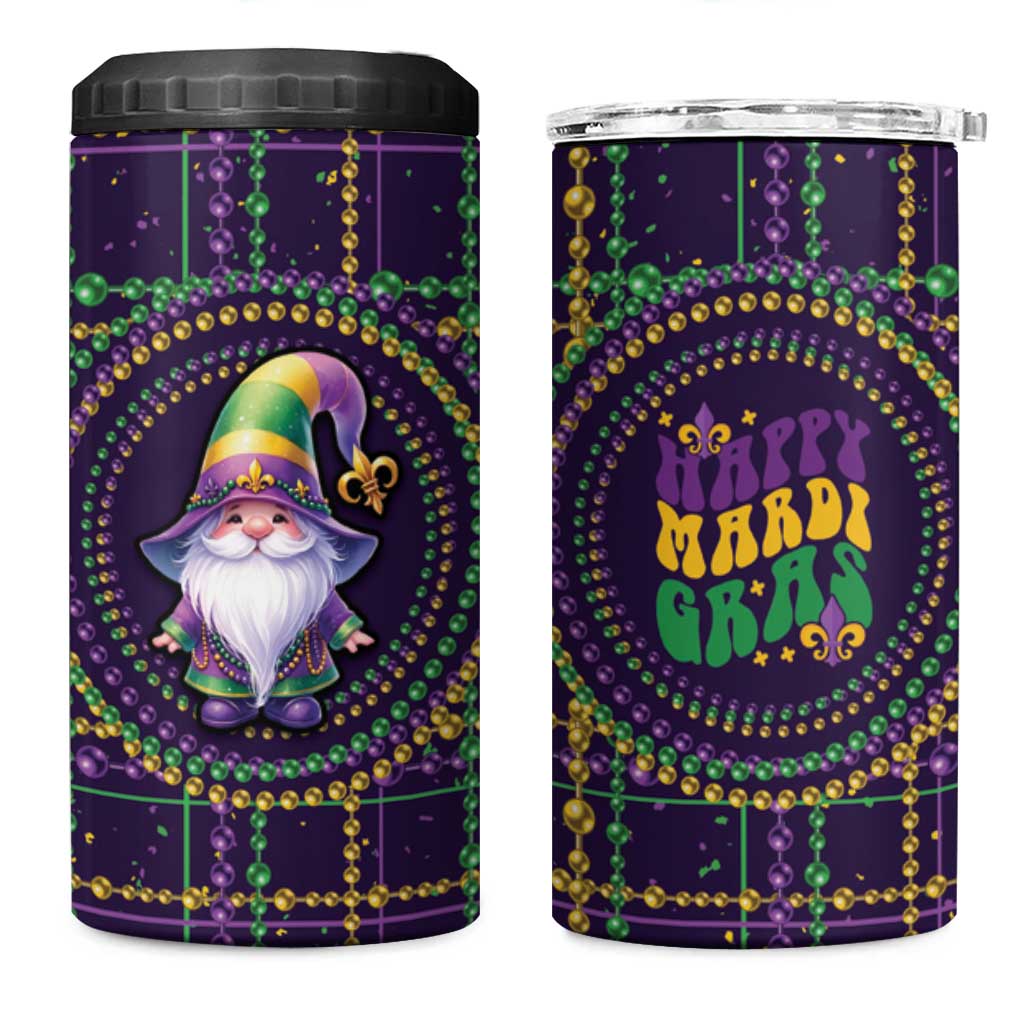 Mardi Gras Gnome 4 in 1 Can Cooler Tumbler Beads Fleur de lis Symbol