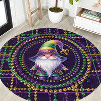 Mardi Gras round gnome carpet with purple background, bead border, and fleur de lis motif
