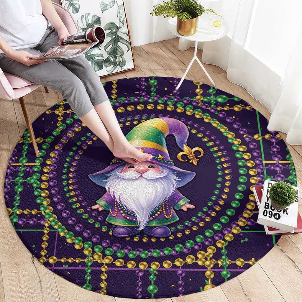 Round Mardi Gras gnome carpet with purple center graphic, green/gold beads, fleur de lis