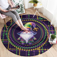 Round Mardi Gras gnome carpet with purple center graphic, green/gold beads, fleur de lis