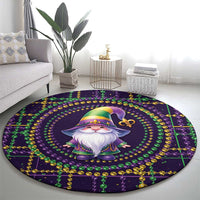 Mardi Gras round carpet featuring gnome in colorful hat, purple bead-ring border