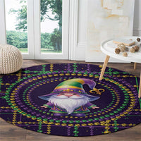 Purple round gnome carpet with bead loops, gold fleur de lis accents, central portrait