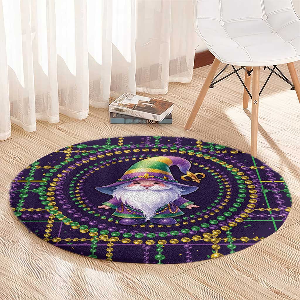Round Mardi Gras gnome carpet with purple circular bead design and colorful hat portrait