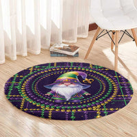 Round Mardi Gras gnome carpet with purple circular bead design and colorful hat portrait