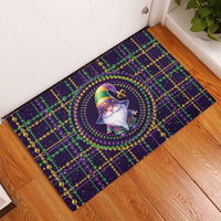 Mardi Gras rubber doormat showing gnome medallion and green-gold bead lattice design