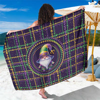 Mardi Gras gnome sarong with purple fleur-de-lis bead pattern and circular gnome print