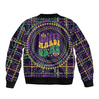 Purple zip bomber jacket with Happy Mardi Gras emblem and bead swirl pattern