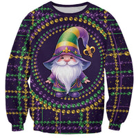 Mardi Gras gnome sweatshirt with green gold purple bead pattern and hat