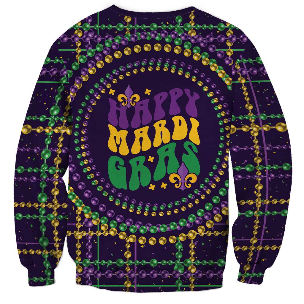 Mardi Gras sweatshirt with 'Happy Mardi Gras' text, bead border, fleur-de-lis