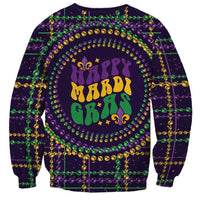 Mardi Gras sweatshirt with 'Happy Mardi Gras' text, bead border, fleur-de-lis