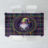 Gnome Mardi Gras tablecloth, purple and green with gold fleur-de-lis and bead border