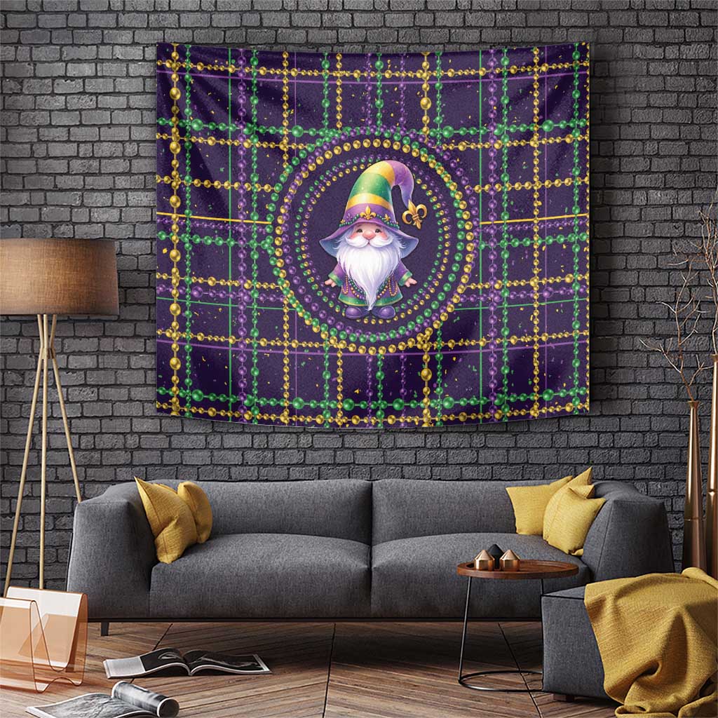 Black Mardi Gras gnome tapestry with fleur-de-lis beads border and circular gnome medallion
