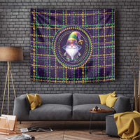 Black Mardi Gras gnome tapestry with fleur-de-lis beads border and circular gnome medallion