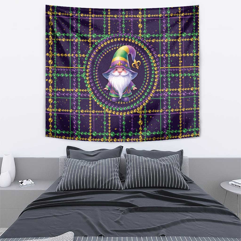 Mardi Gras gnome tapestry on dark grid with green and gold bead strings