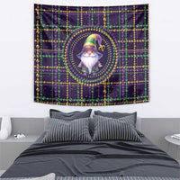 Mardi Gras gnome tapestry on dark grid with green and gold bead strings