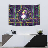 Dark Mardi Gras gnome tapestry with central round medallion and bead garland