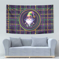 Mardi Gras gnome tapestry with purple-green plaid grid and gold bead loop frame