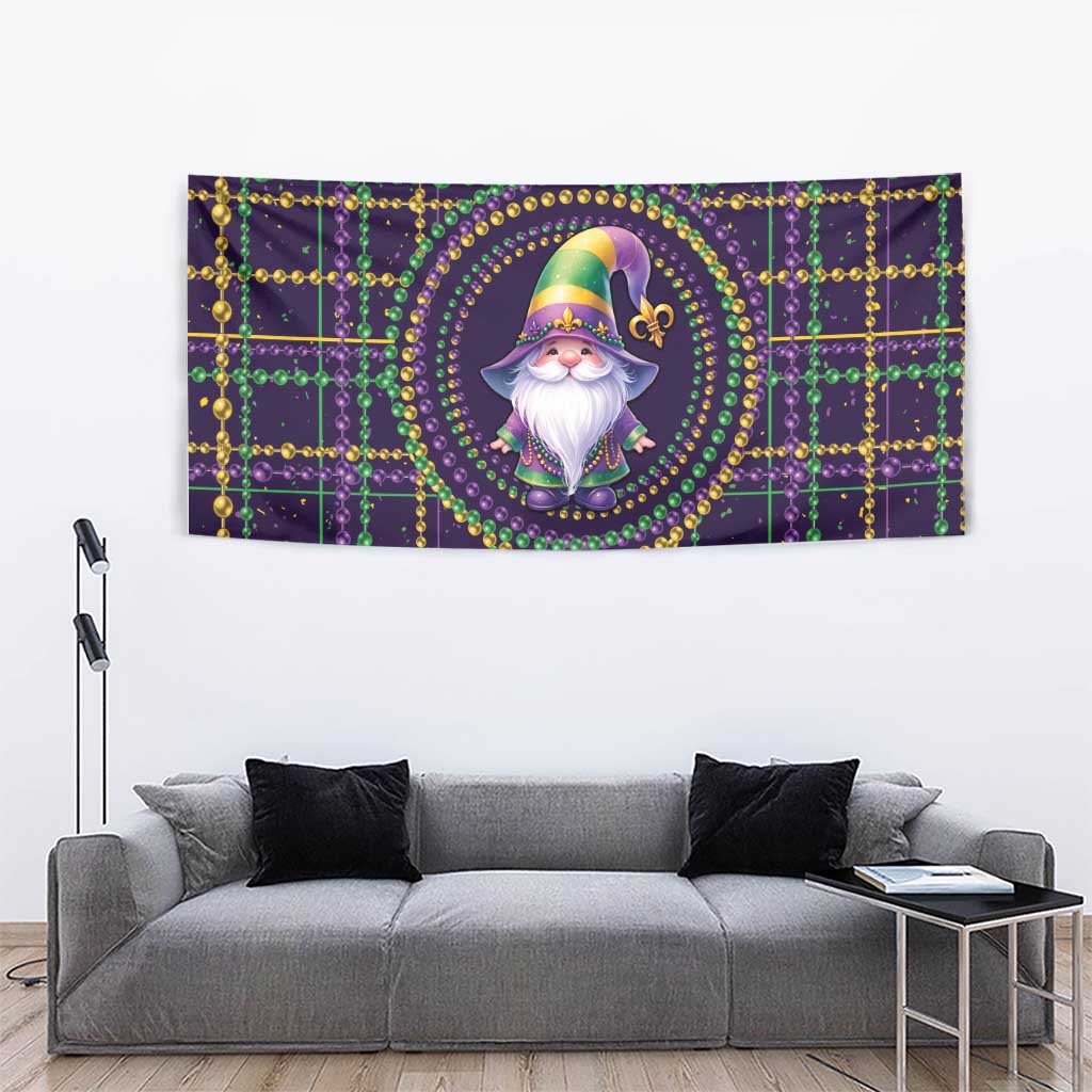 Mardi Gras gnome tapestry with circular beaded wreath around gnome figure in hat