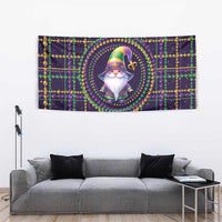 Mardi Gras gnome tapestry with circular beaded wreath around gnome figure in hat