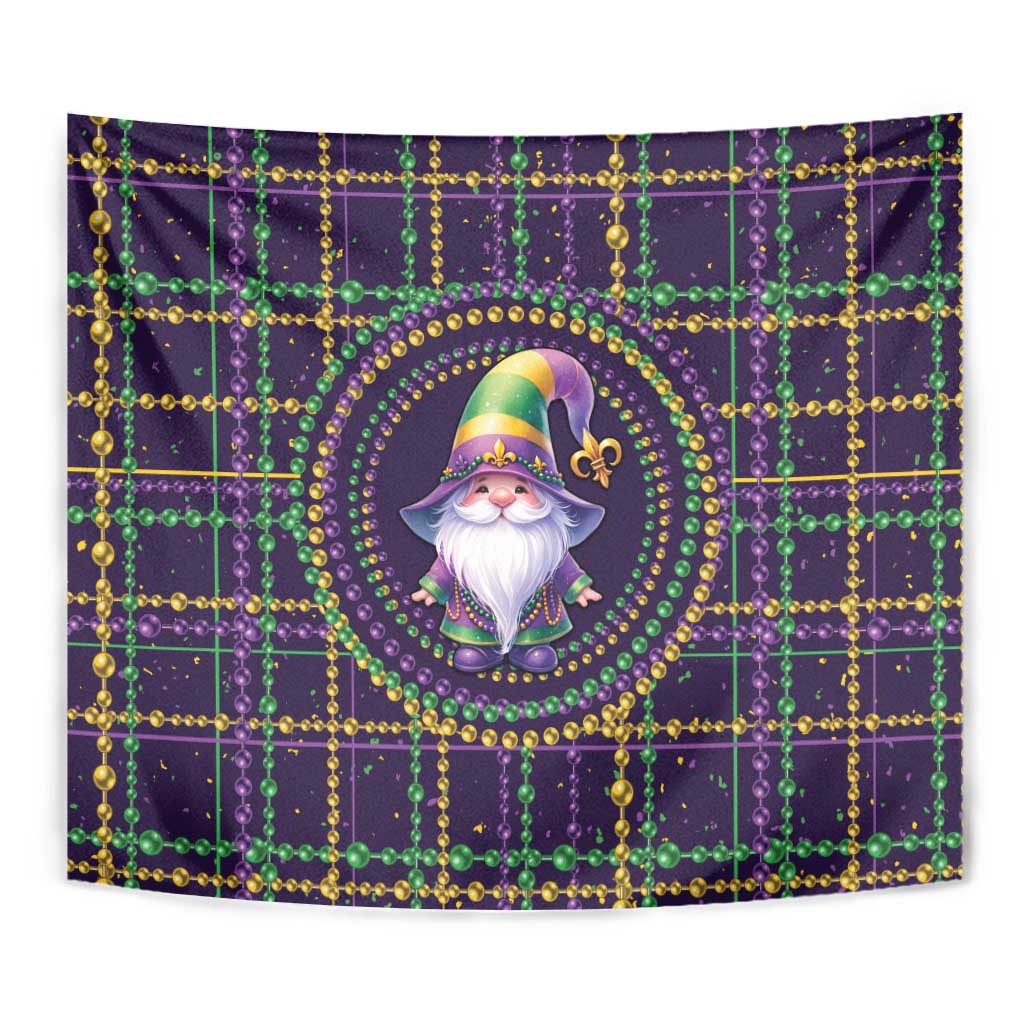 Close-up Mardi Gras gnome tapestry: gnome in hat inside gold-beaded round frame