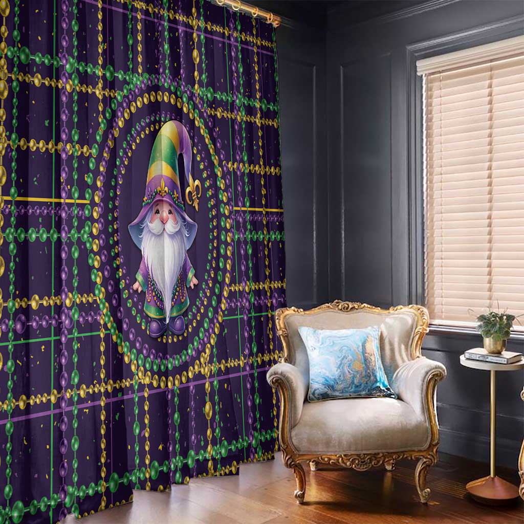 Mardi Gras gnome window curtain panel with fleur-de-lis bead strands and dark purple base