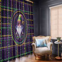 Mardi Gras gnome window curtain panel with fleur-de-lis bead strands and dark purple base