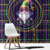 Mardi Gras gnome curtain panel close-up with fleur-de-lis bead border on dark purple