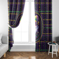 Mardi Gras gnome window curtain panels with fleur-de-lis bead strands, dark purple background