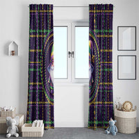 Mardi Gras gnome window curtain set with fleur-de-lis bead stripes and dark purple panels