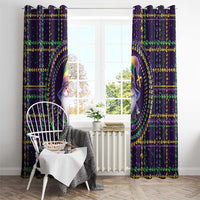 Mardi Gras gnome window curtain set with fleur-de-lis bead strands, hanging from top tabs