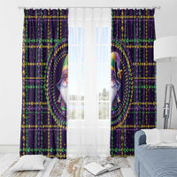 Mardi Gras gnome window curtain set with fleur-de-lis bead strands and dark purple curtains