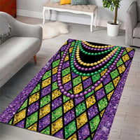 Area rug with beaded fringe motif and black lattice diamonds, purple green and gold