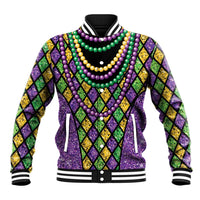 Black baseball jacket with diamond pattern and Mardi Gras bead garlands
