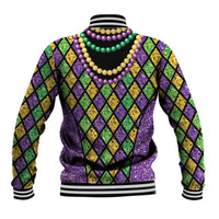 Black baseball jacket back with diamond pattern and Mardi Gras bead garlands, ribbed hem