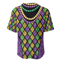 Purple Mardi Gras baseball jersey with bead-like garland trim and diamond back pattern
