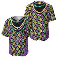 Purple Mardi Gras baseball jersey showing front and back with bead-like garland trim