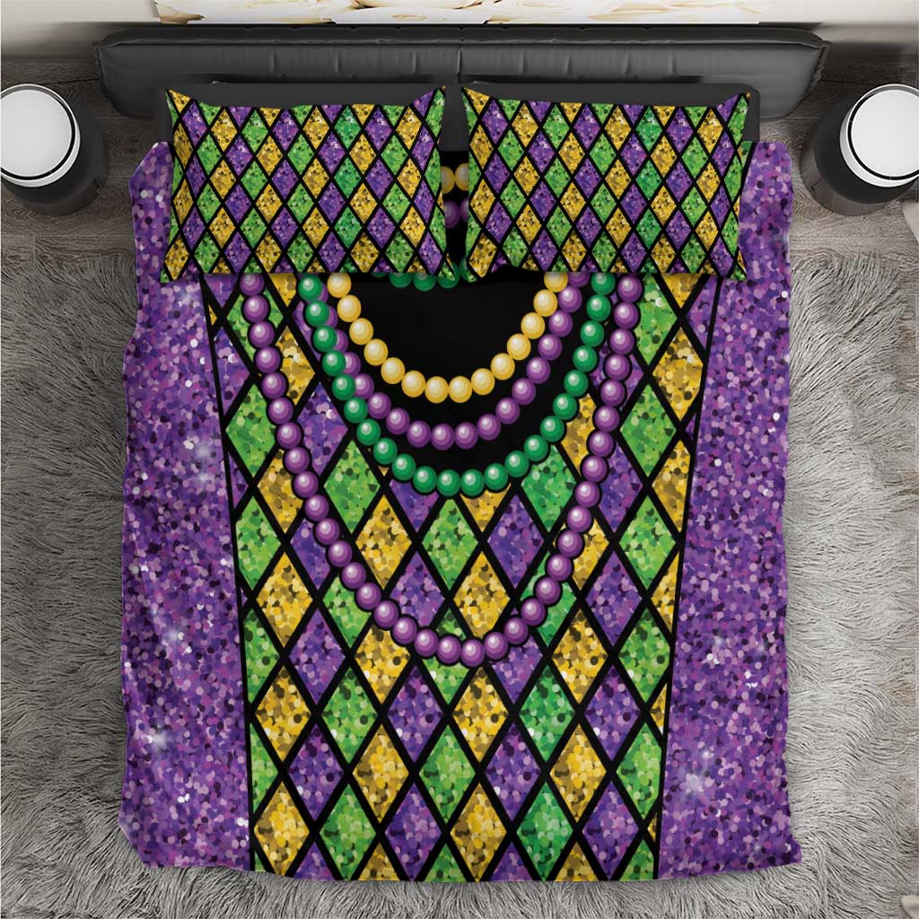 Mardi Gras purple bedding set with diamond pattern and multicolor bead necklaces; 2 pillows