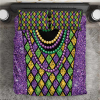 Mardi Gras purple bedding set with diamond pattern and multicolor bead necklaces; 2 pillows