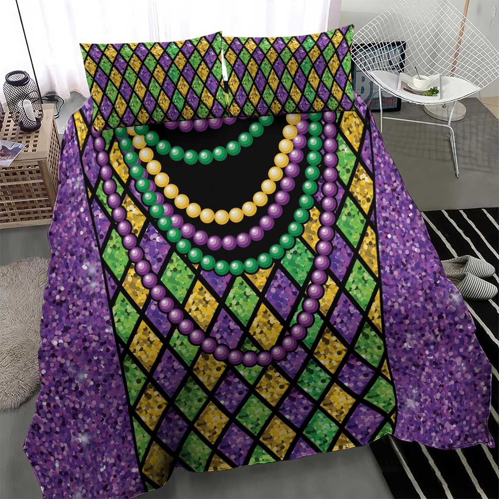 Purple bedding set with diamond lattice and multicolor bead necklace graphic; 2 pillows