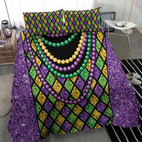 Purple bedding set with diamond lattice and multicolor bead necklace graphic; 2 pillows