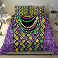 Purple bedding set with diamond grid and multicolor bead necklaces; two pillowcases