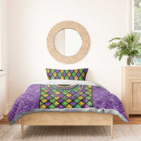Purple bedding set with diamond pattern and multicolor bead necklaces; 2 pillowcases