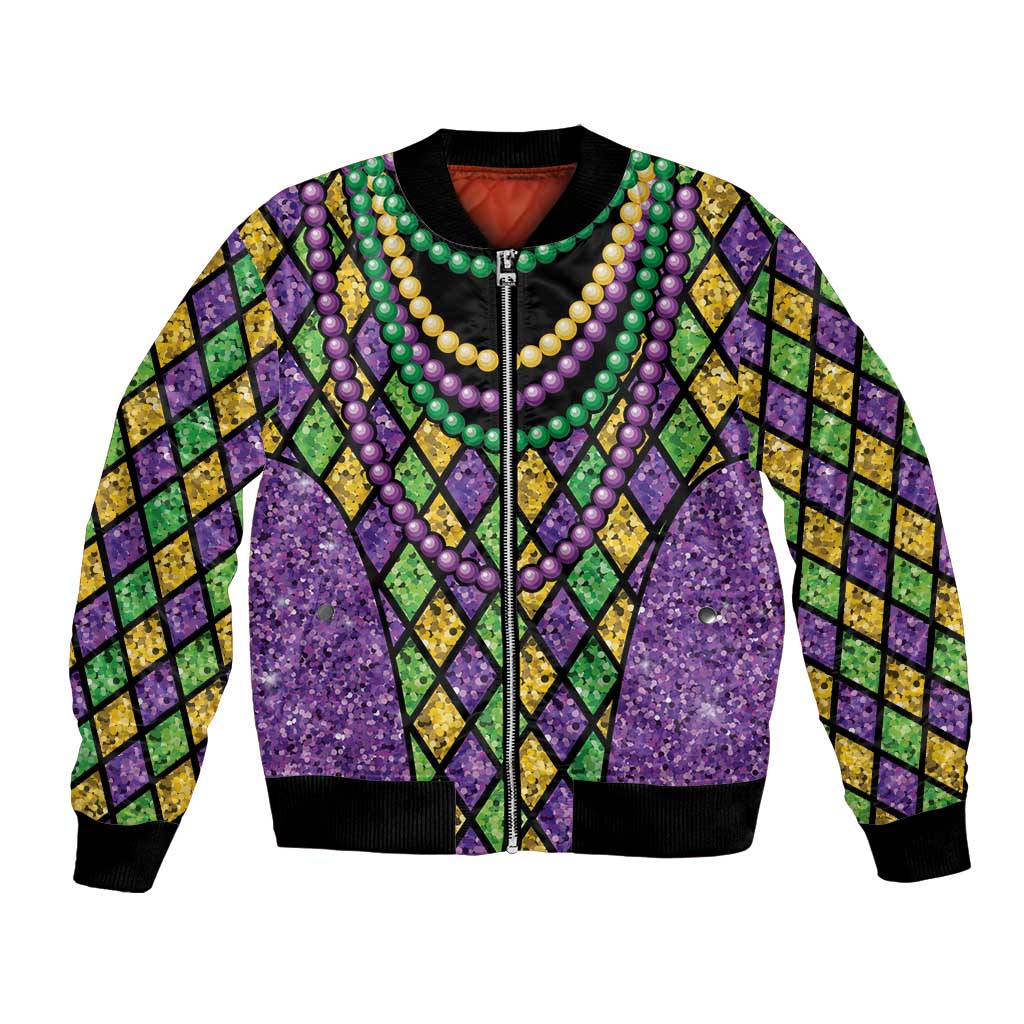 Bead-string Mardi Gras bomber jacket, purple diamond pattern with black ribbed trim