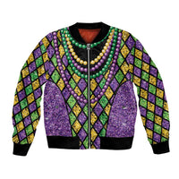 Bead-string Mardi Gras bomber jacket, purple diamond pattern with black ribbed trim