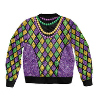 Bead-string bomber jacket with pearl-style bead collar and purple diamond graphic front
